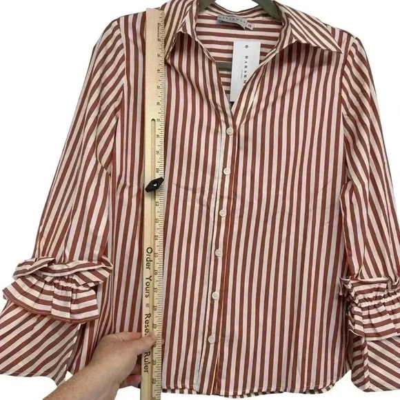 HARSHMAN SHIRT WOMEN’S XS BROWN STRIPED BUTTON DOWN FLARED SLEEVE COTTON NWT - Picture 5 of 13